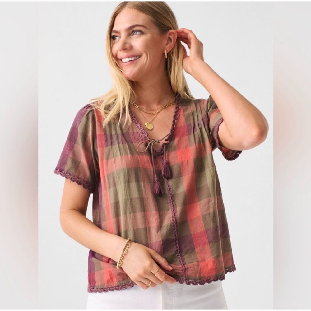 Faherty Margarate Organic Cotton Top Size Medium in Desert Plaid Cottagecore